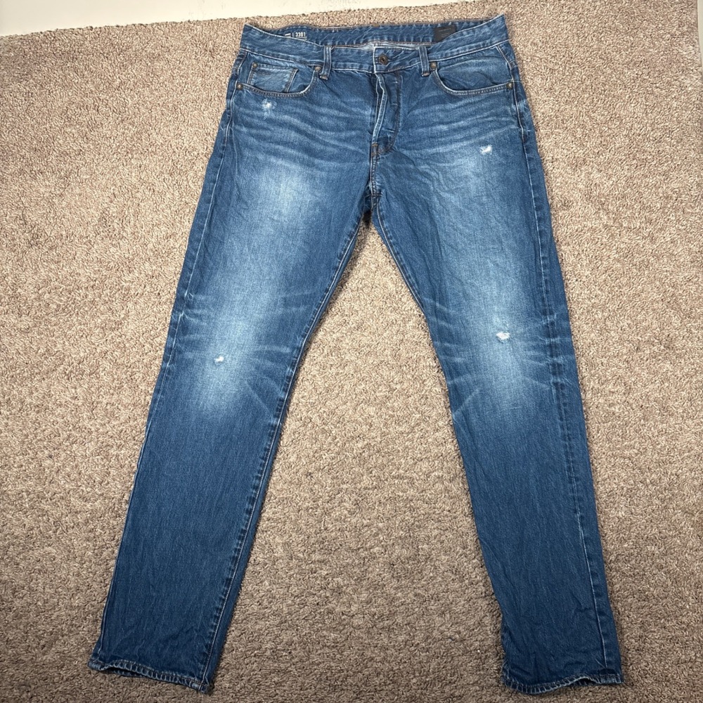 G-Star Raw 3301 Tapered Mens‎ Jeans 35x32 Blue Distressed Denim 51003-9429-89